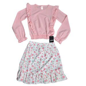 NWT | Girls Pink Long Sleeve Ruffle Top & Floral Tiered Skirt Outfit Set | 10/12
